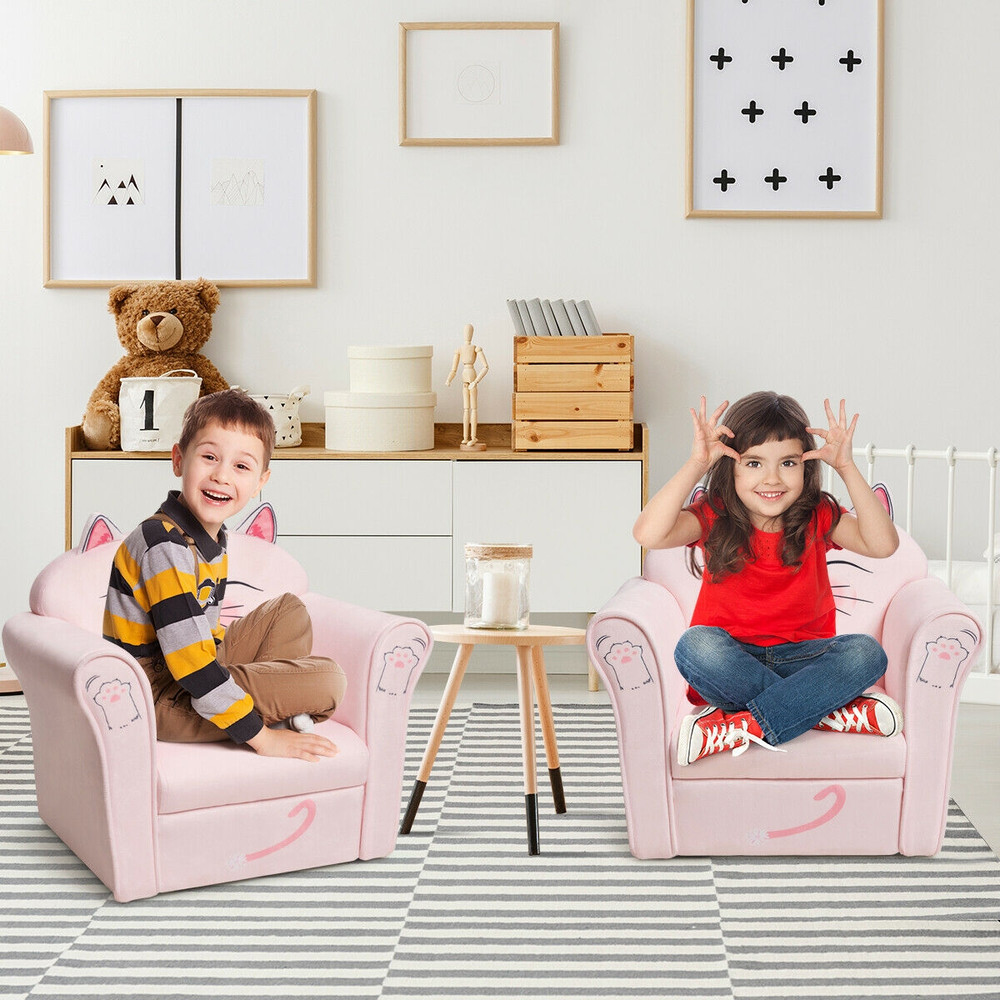 Kids Upholstered Cat Armrest Couch Sofa with Linen Fabric, Cute Toddler Lounge Chair for Reading, Playing & Napping