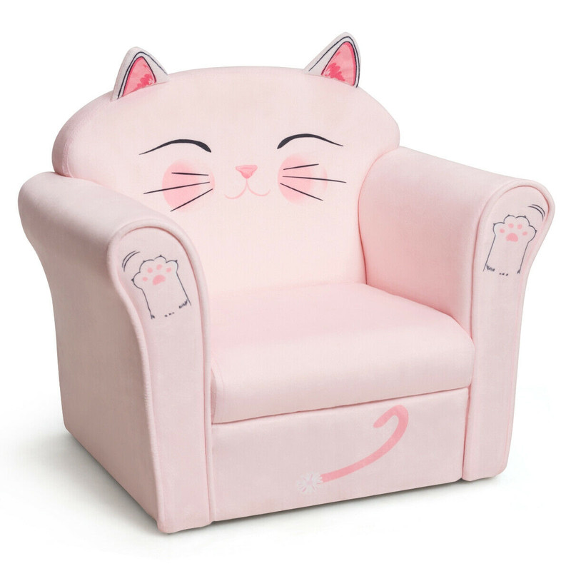 Kids Upholstered Cat Armrest Couch Sofa with Linen Fabric, Cute Toddler Lounge Chair for Reading, Playing & Napping