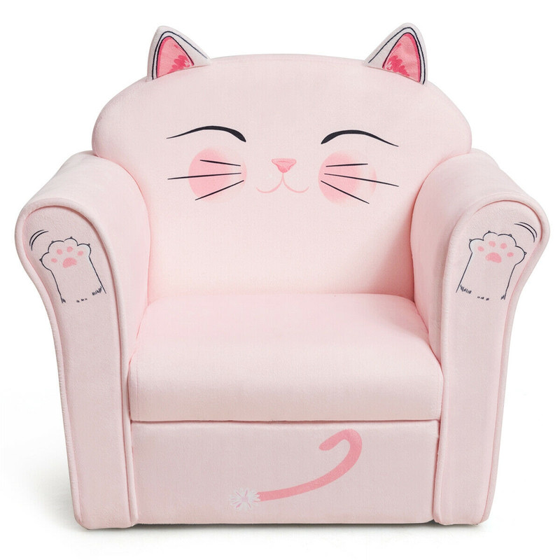 Kids Upholstered Cat Armrest Couch Sofa with Linen Fabric, Cute Toddler Lounge Chair for Reading, Playing & Napping