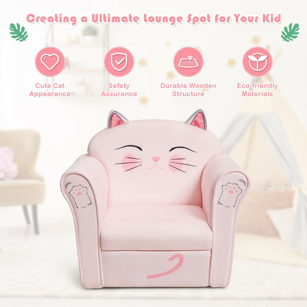 Kids Upholstered Cat Armrest Couch Sofa with Linen Fabric, Cute Toddler Lounge Chair for Reading, Playing & Napping