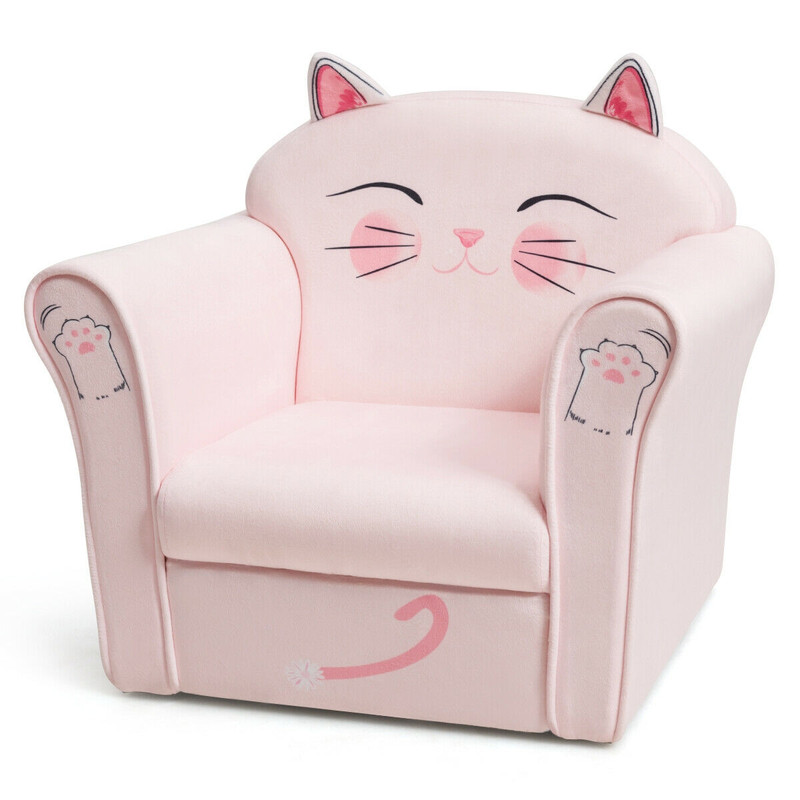 Kids Upholstered Cat Armrest Couch Sofa with Linen Fabric, Cute Toddler Lounge Chair for Reading, Playing & Napping