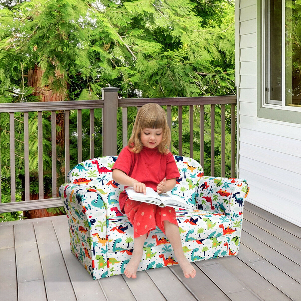 Double Kids Dinosaur Sofa Children Armrest Couch, Soft Velvet Toddler Chair with Backrest, Lightweight, ASTM Certified