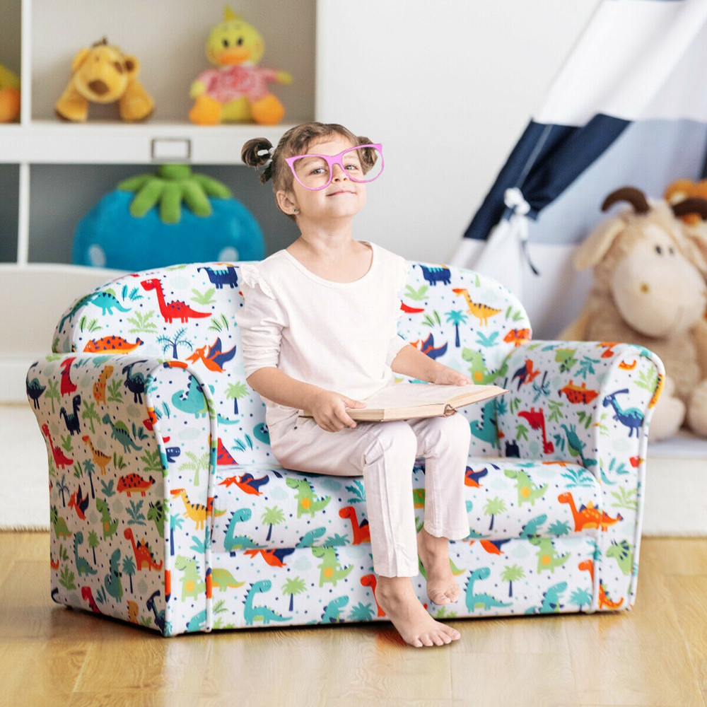 Double Kids Dinosaur Sofa Children Armrest Couch, Soft Velvet Toddler Chair with Backrest, Lightweight, ASTM Certified
