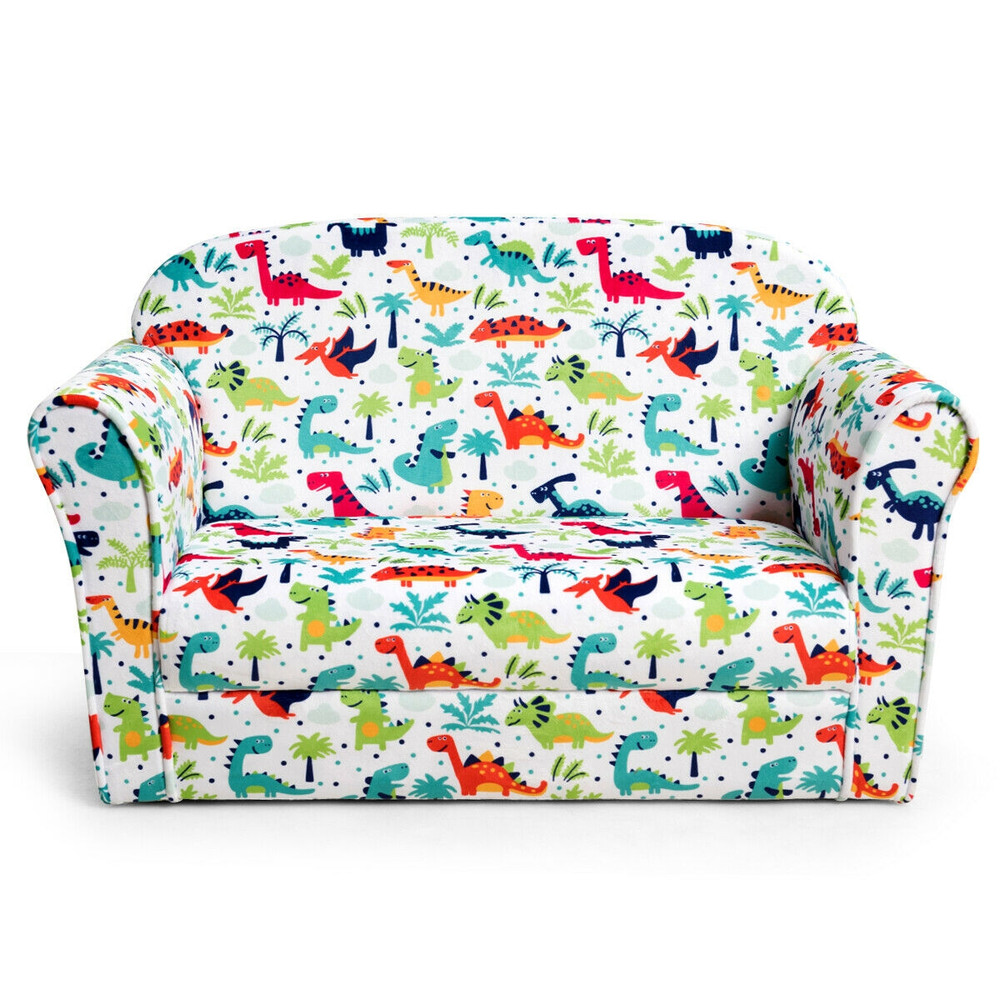 Double Kids Dinosaur Sofa Children Armrest Couch, Soft Velvet Toddler Chair with Backrest, Lightweight, ASTM Certified