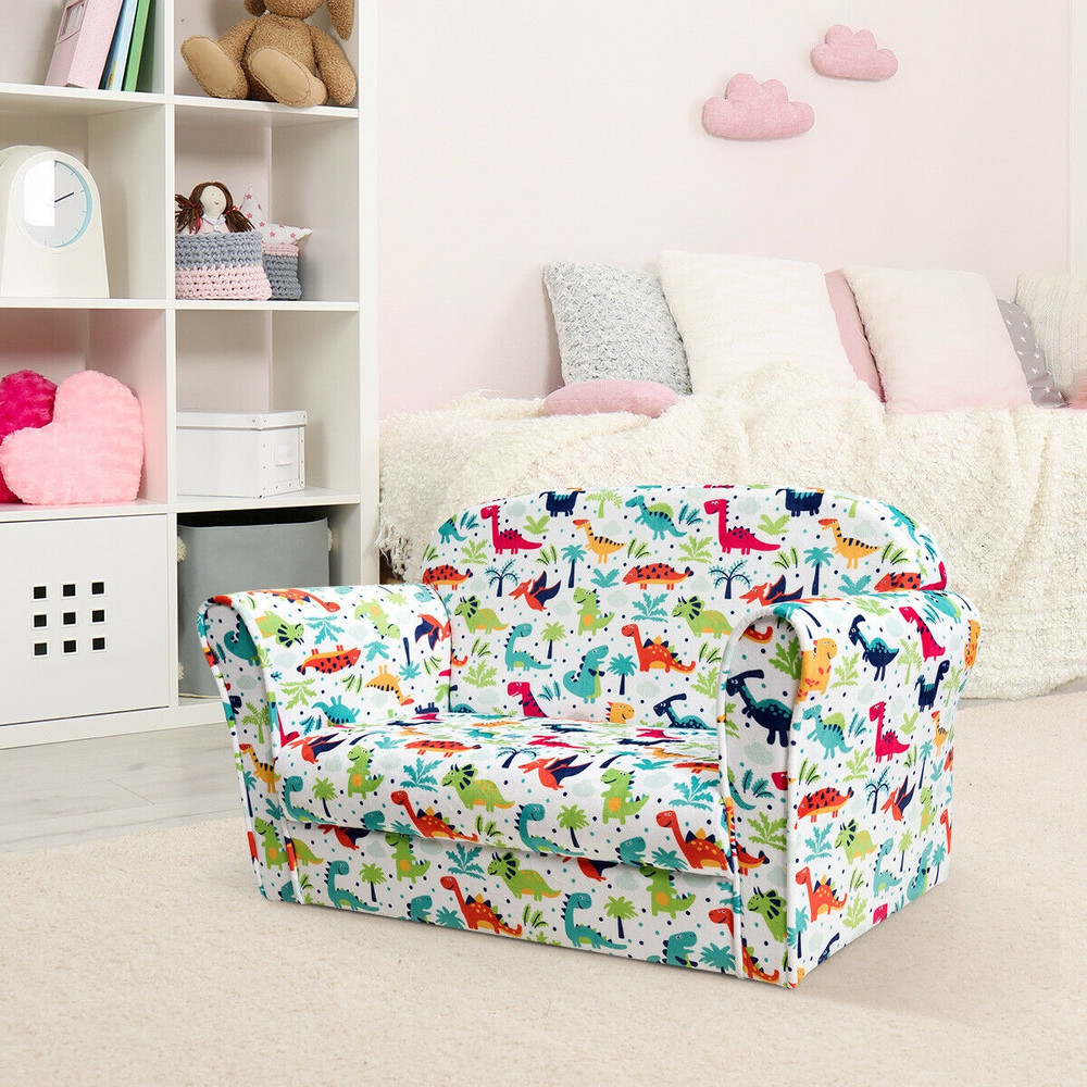 Double Kids Dinosaur Sofa Children Armrest Couch, Soft Velvet Toddler Chair with Backrest, Lightweight, ASTM Certified