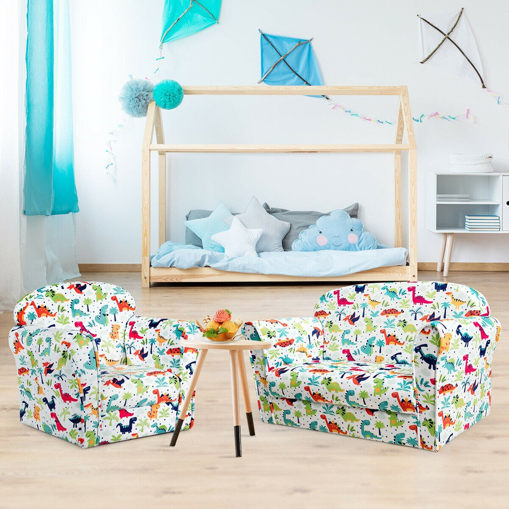 Double Kids Dinosaur Sofa Children Armrest Couch, Soft Velvet Toddler Chair with Backrest, Lightweight, ASTM Certified