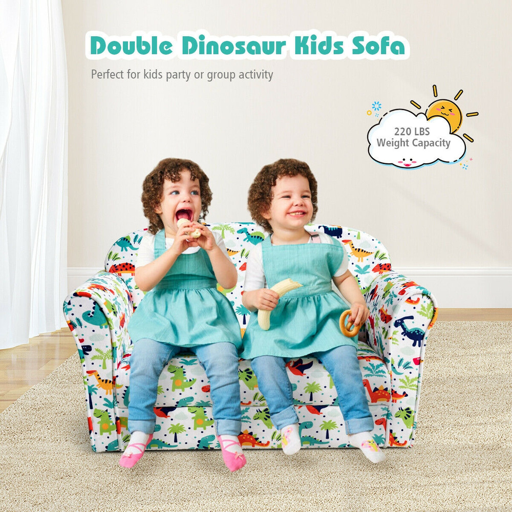 Double Kids Dinosaur Sofa Children Armrest Couch, Soft Velvet Toddler Chair with Backrest, Lightweight, ASTM Certified