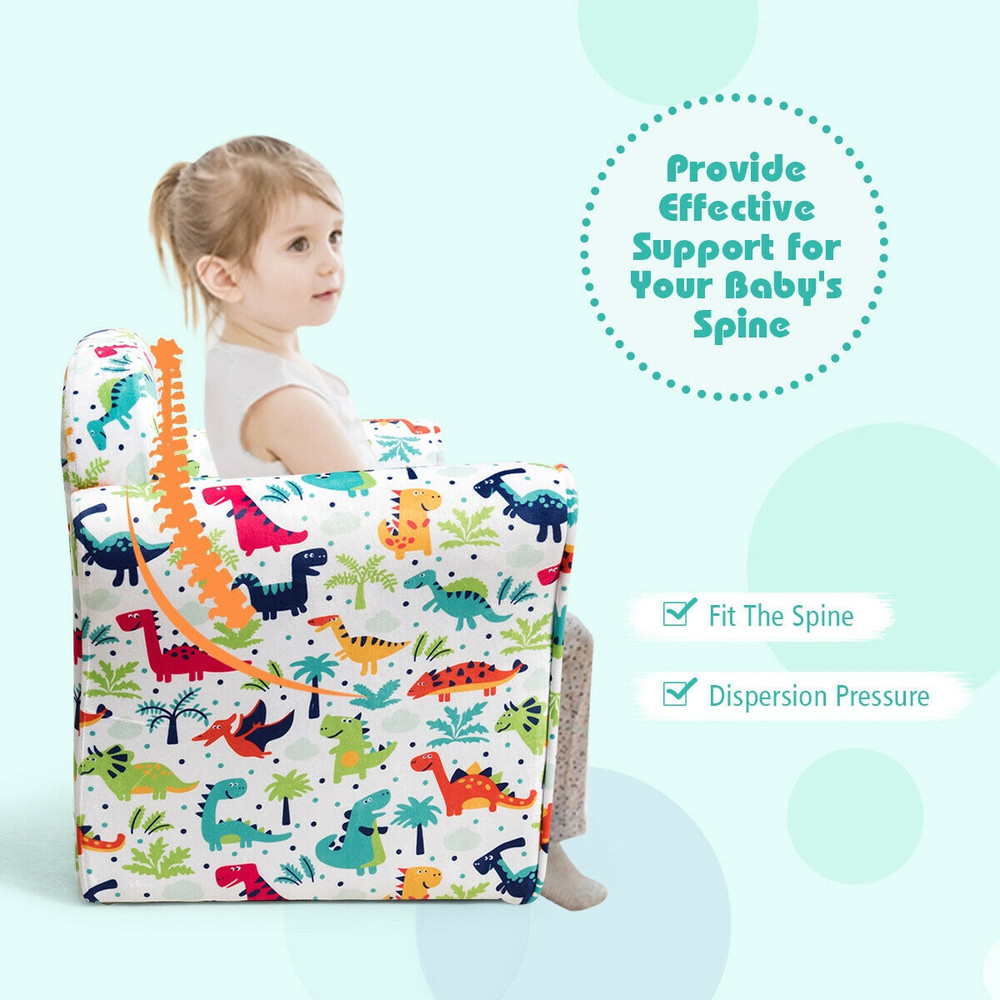 Double Kids Dinosaur Sofa Children Armrest Couch, Soft Velvet Toddler Chair with Backrest, Lightweight, ASTM Certified