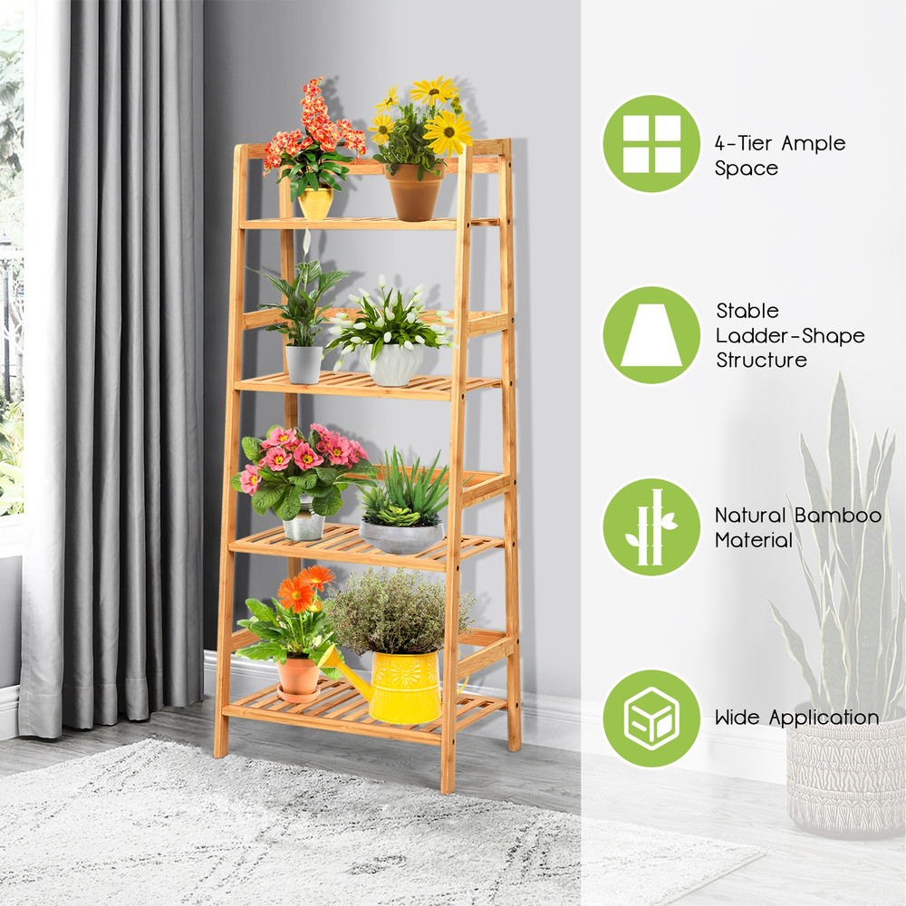 4-Tier Bamboo Plant Rack with Guardrails, Space-Saving Ladder Shelf for Indoor Outdoor Display, Books, Storage & Flower