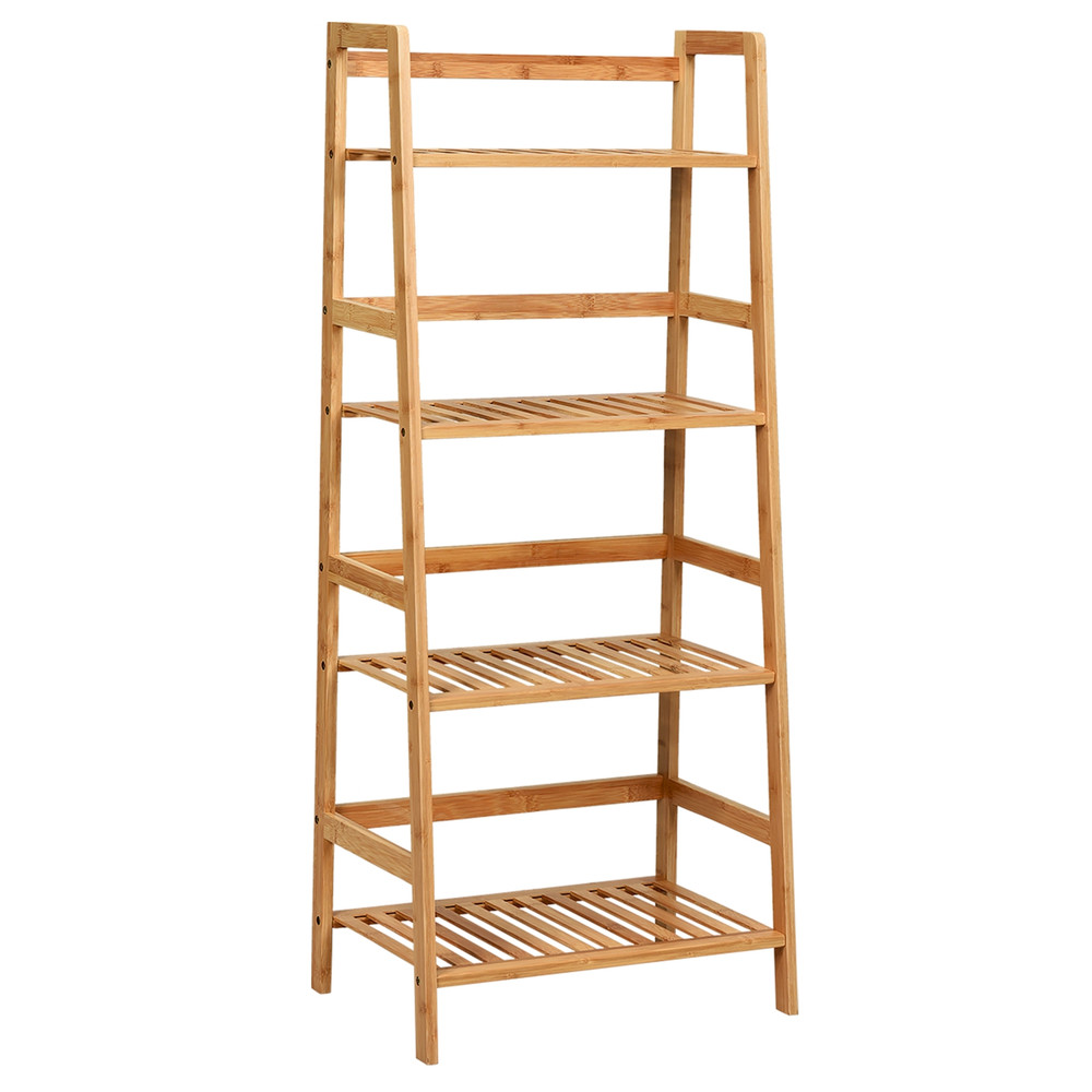 4-Tier Bamboo Plant Rack with Guardrails, Space-Saving Ladder Shelf for Indoor Outdoor Display, Books, Storage & Flower