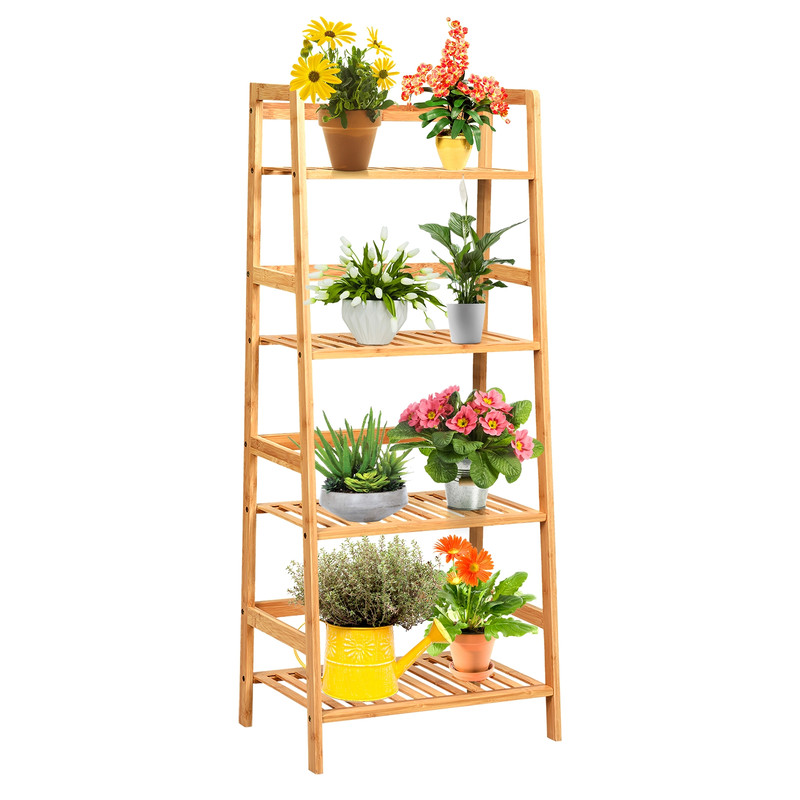 4-Tier Bamboo Plant Rack with Guardrails, Space-Saving Ladder Shelf for Indoor Outdoor Display, Books, Storage & Flower
