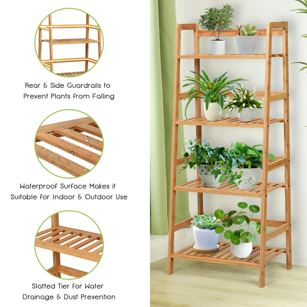 4-Tier Bamboo Plant Rack with Guardrails, Space-Saving Ladder Shelf for Indoor Outdoor Display, Books, Storage & Flower