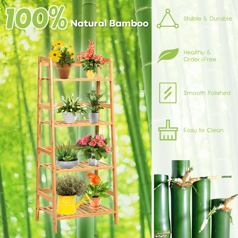 4-Tier Bamboo Plant Rack with Guardrails, Space-Saving Ladder Shelf for Indoor Outdoor Display, Books, Storage & Flower
