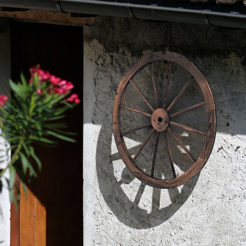 Set of 2 30-Inch Decorative Vintage Wood Wagon Wheel, Rustic Farmhouse Wall Decor for Home, Garden, Bar, or Yard Display
