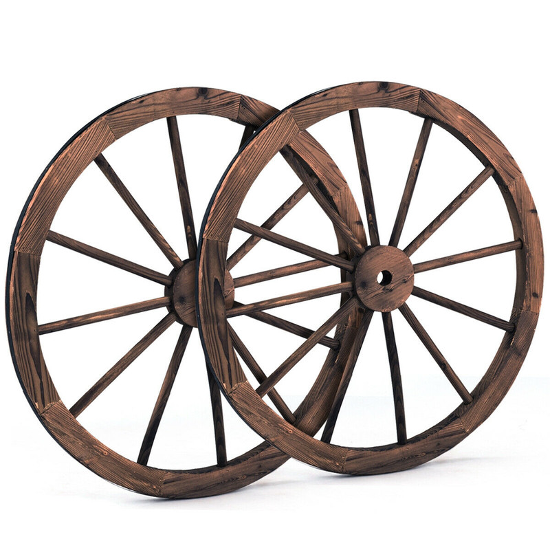 Set of 2 30-Inch Decorative Vintage Wood Wagon Wheel, Rustic Farmhouse Wall Decor for Home, Garden, Bar, or Yard Display