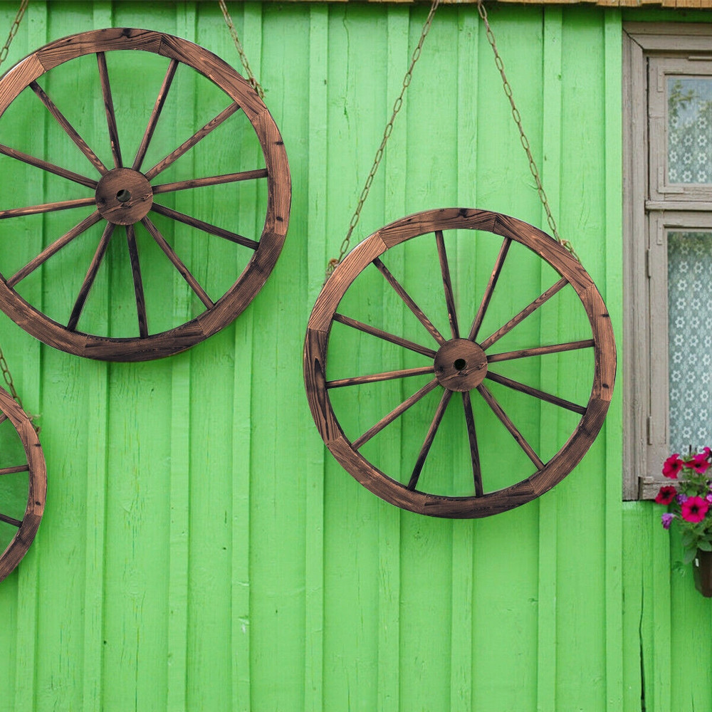 Set of 2 30-Inch Decorative Vintage Wood Wagon Wheel, Rustic Farmhouse Wall Decor for Home, Garden, Bar, or Yard Display