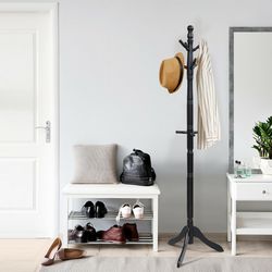entryway height adjustable coat stand with 9 hooks, freestanding wooden coat rack tree for hallway, bedroom, office