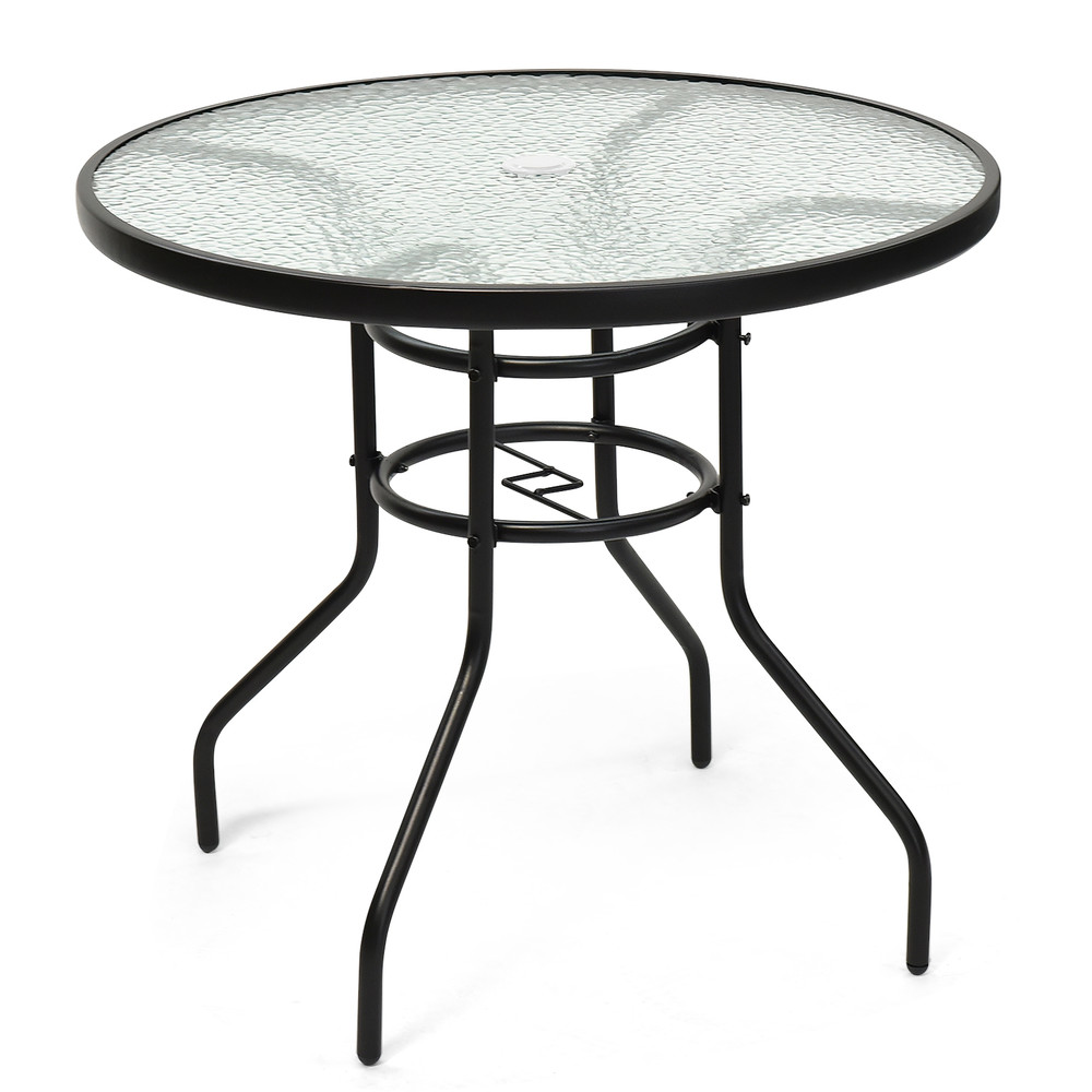 32 Inch Patio Tempered Glass Steel Frame Round Table with Umbrella Hole, Outdoor Dining Coffee Side Table for Backyard,
