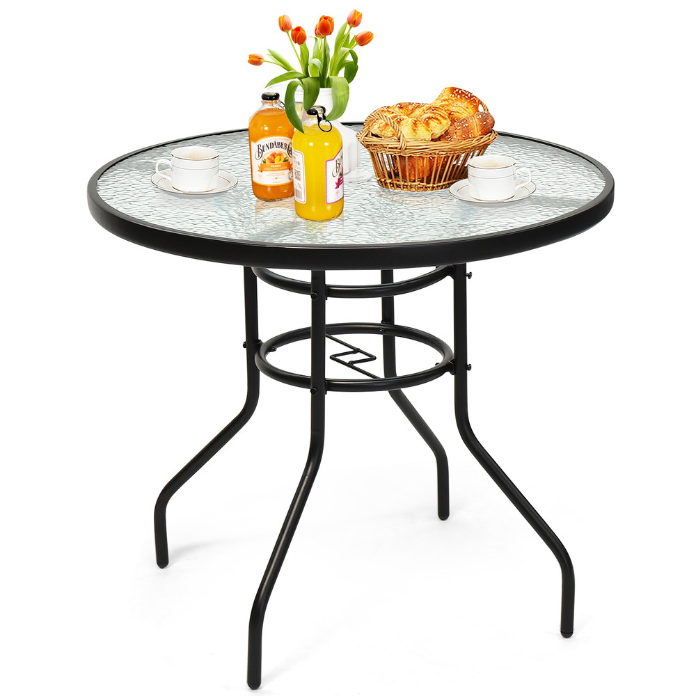 32 Inch Patio Tempered Glass Steel Frame Round Table with Umbrella Hole, Outdoor Dining Coffee Side Table for Backyard,