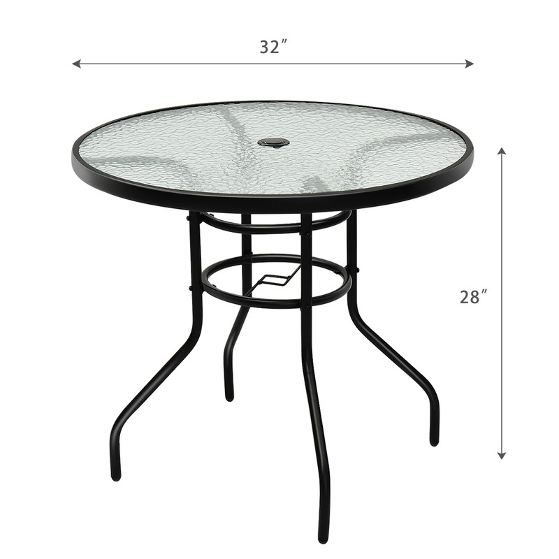 32 Inch Patio Tempered Glass Steel Frame Round Table with Umbrella Hole, Outdoor Dining Coffee Side Table for Backyard,