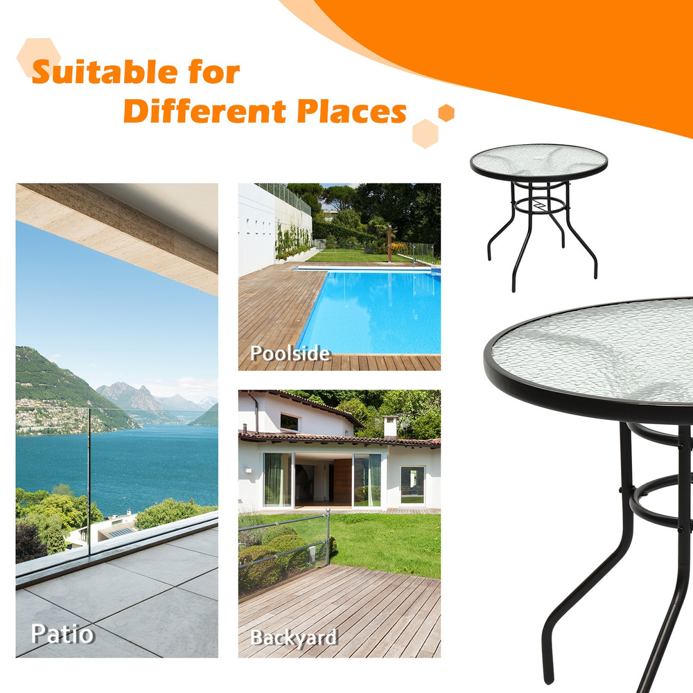 32 Inch Patio Tempered Glass Steel Frame Round Table with Umbrella Hole, Outdoor Dining Coffee Side Table for Backyard,