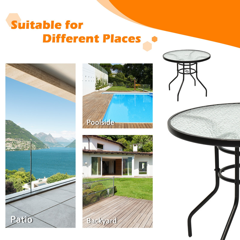 32 Inch Patio Tempered Glass Steel Frame Round Table with Umbrella Hole, Outdoor Dining Coffee Side Table for Backyard,
