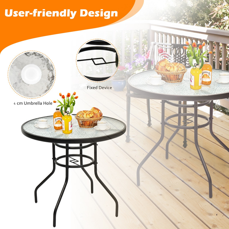 32 Inch Patio Tempered Glass Steel Frame Round Table with Umbrella Hole, Outdoor Dining Coffee Side Table for Backyard,