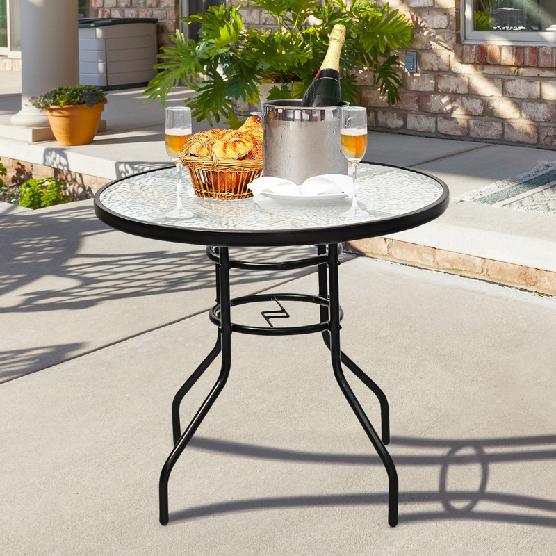 32 Inch Patio Tempered Glass Steel Frame Round Table with Umbrella Hole, Outdoor Dining Coffee Side Table for Backyard,