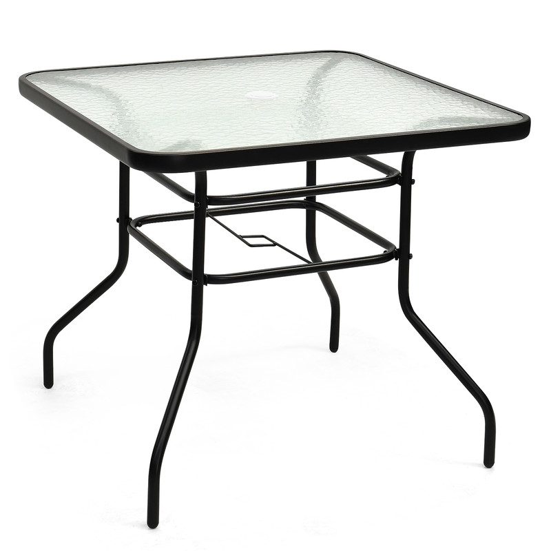 32 Inch Patio Tempered Glass Steel Frame Square Table Outdoor Dining Coffee Furniture