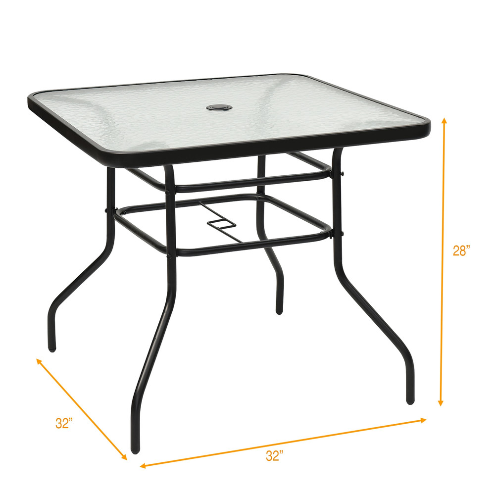 32 Inch Patio Tempered Glass Steel Frame Square Table Outdoor Dining Coffee Furniture