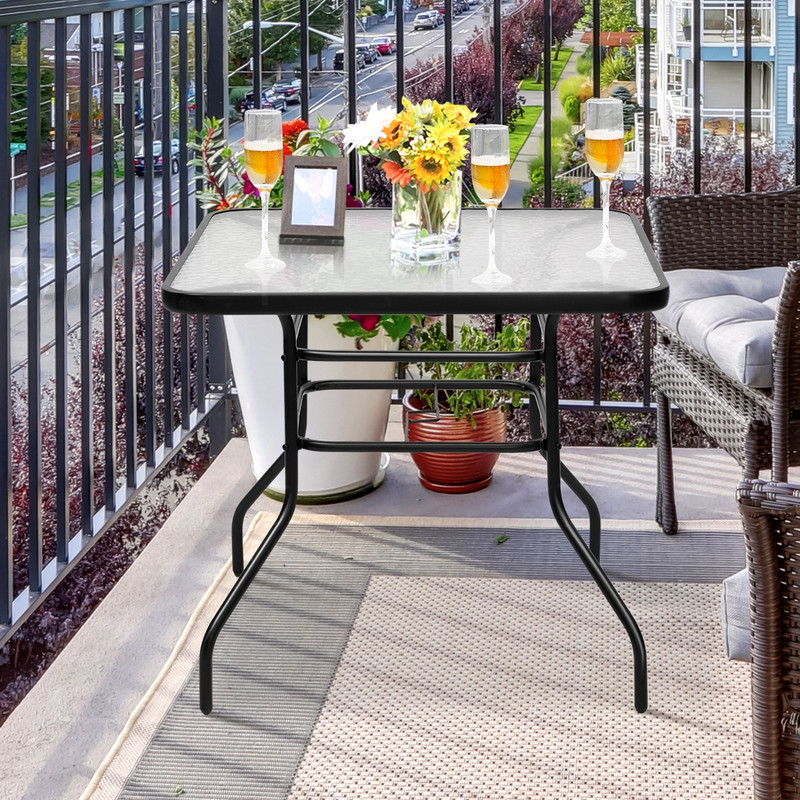32 Inch Patio Tempered Glass Steel Frame Square Table Outdoor Dining Coffee Furniture