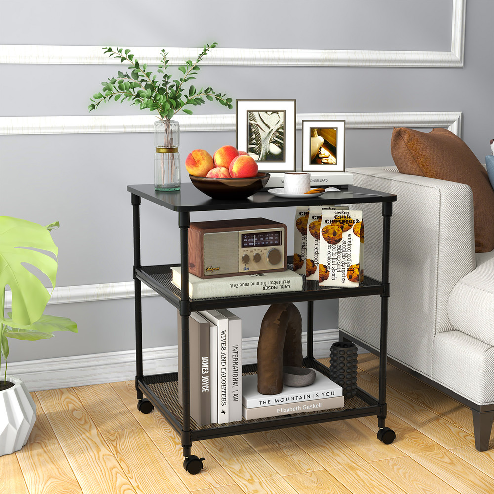 3 Tier Printer Stand Rolling Fax Cart with Shelf and Wheels Office Storage Rack for Scanner, Paper & Supplies