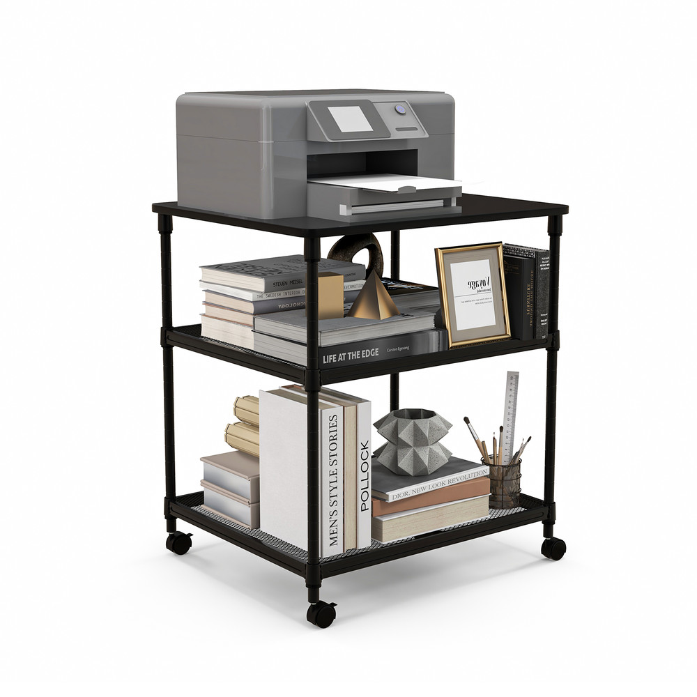 3 Tier Printer Stand Rolling Fax Cart with Shelf and Wheels Office Storage Rack for Scanner, Paper & Supplies