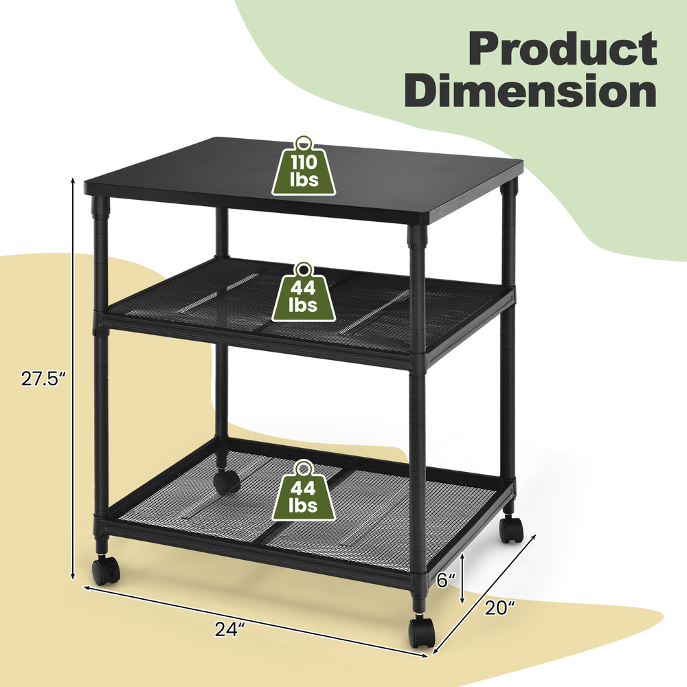3 Tier Printer Stand Rolling Fax Cart with Shelf and Wheels Office Storage Rack for Scanner, Paper & Supplies