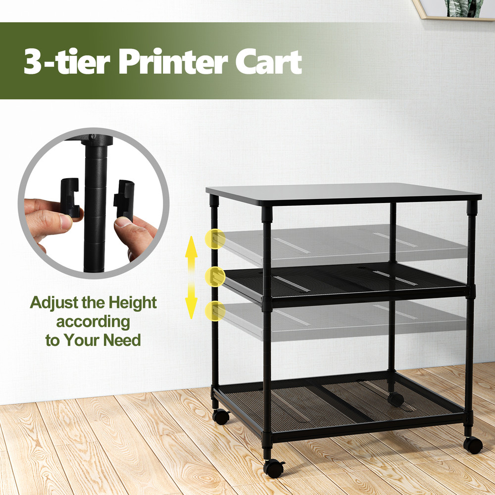 3 Tier Printer Stand Rolling Fax Cart with Shelf and Wheels Office Storage Rack for Scanner, Paper & Supplies