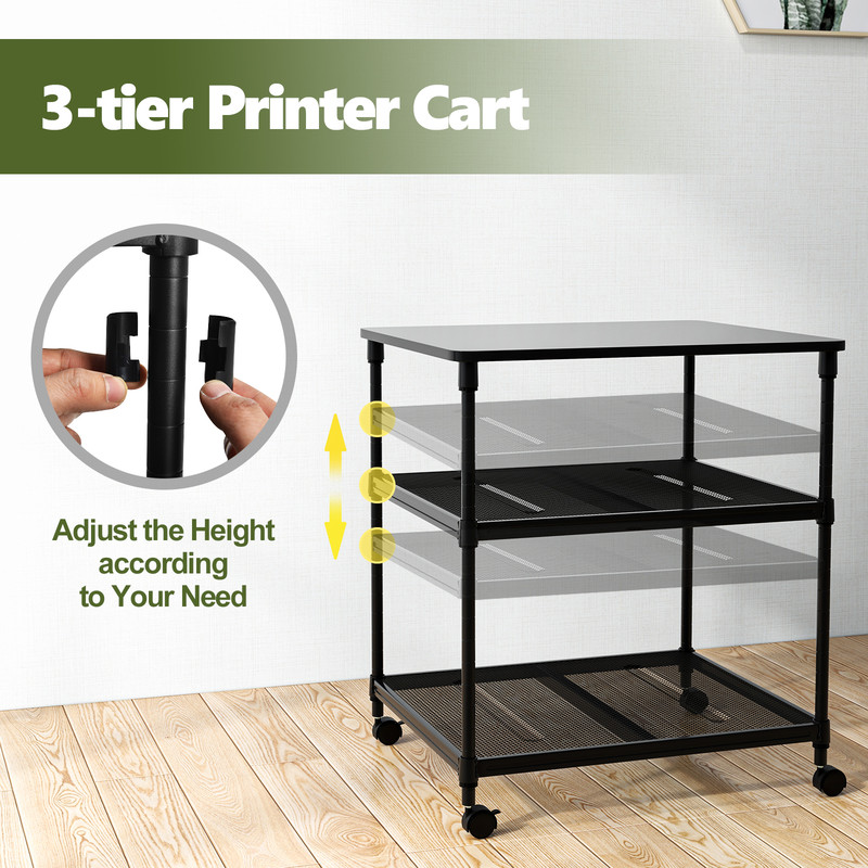 3 Tier Printer Stand Rolling Fax Cart with Shelf and Wheels Office Storage Rack for Scanner, Paper & Supplies
