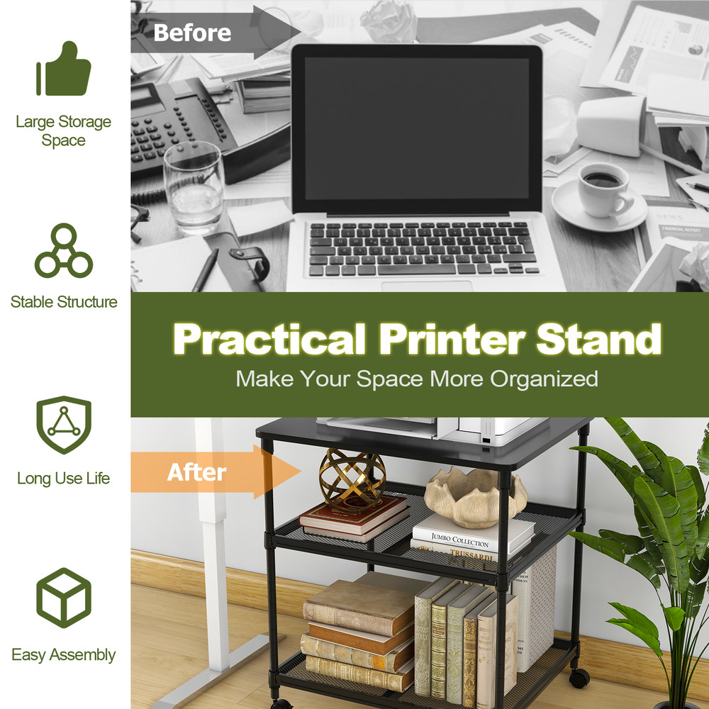 3 Tier Printer Stand Rolling Fax Cart with Shelf and Wheels Office Storage Rack for Scanner, Paper & Supplies
