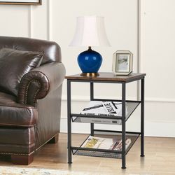 3 tier industrial end table with mesh shelves & adjustable shelves rustic brown side table