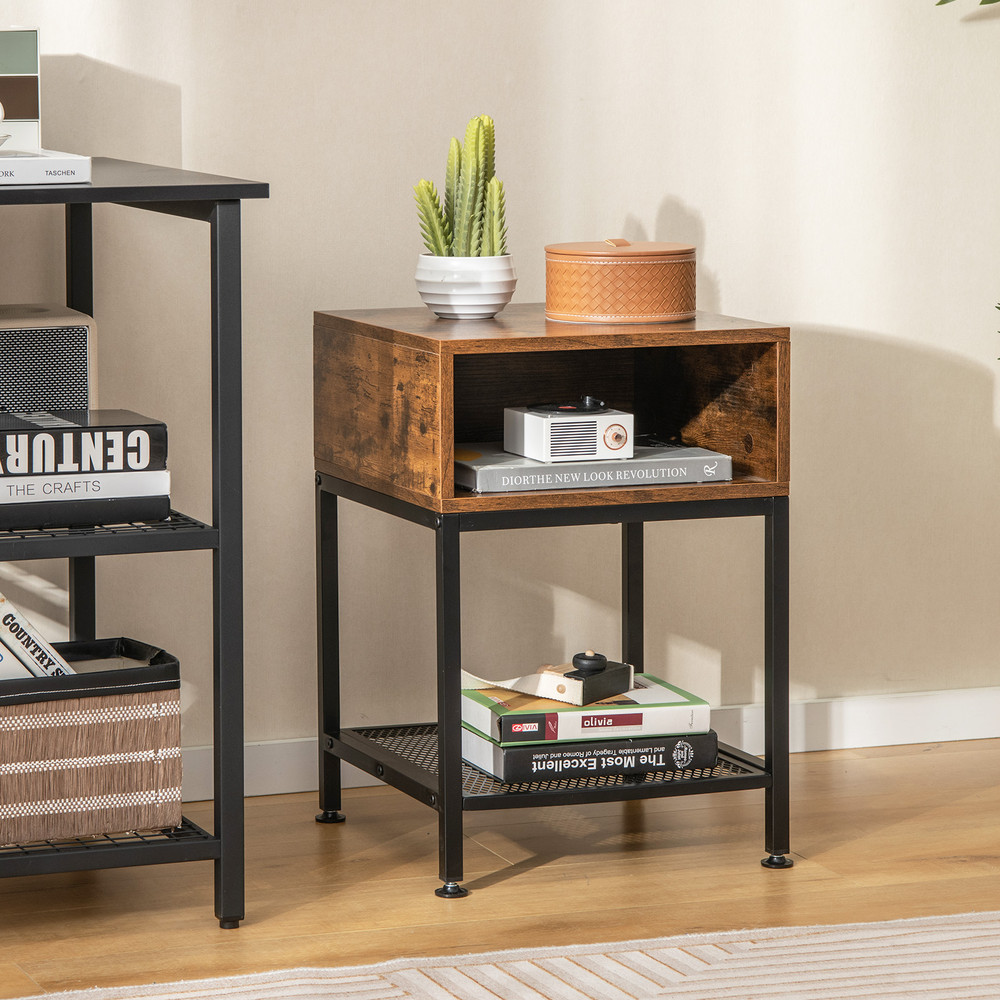 Industrial Nightstand End Side Table with Mesh Shelf Rustic Brown & Black Storage Table