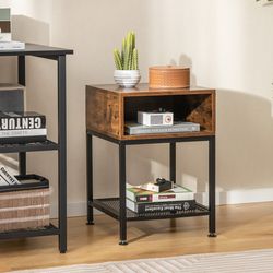 industrial nightstand end side table with mesh shelf rustic brown & black storage table
