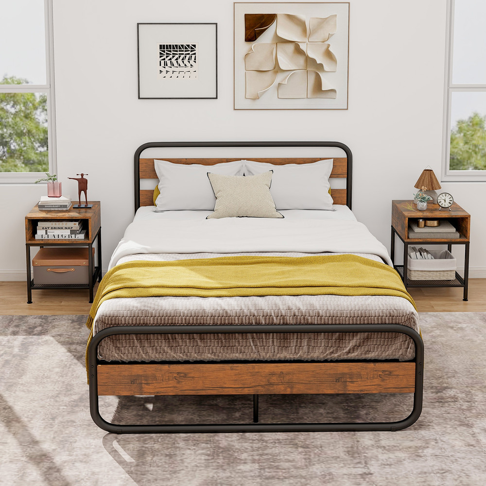 Industrial Nightstand End Side Table with Mesh Shelf Rustic Brown & Black Storage Table