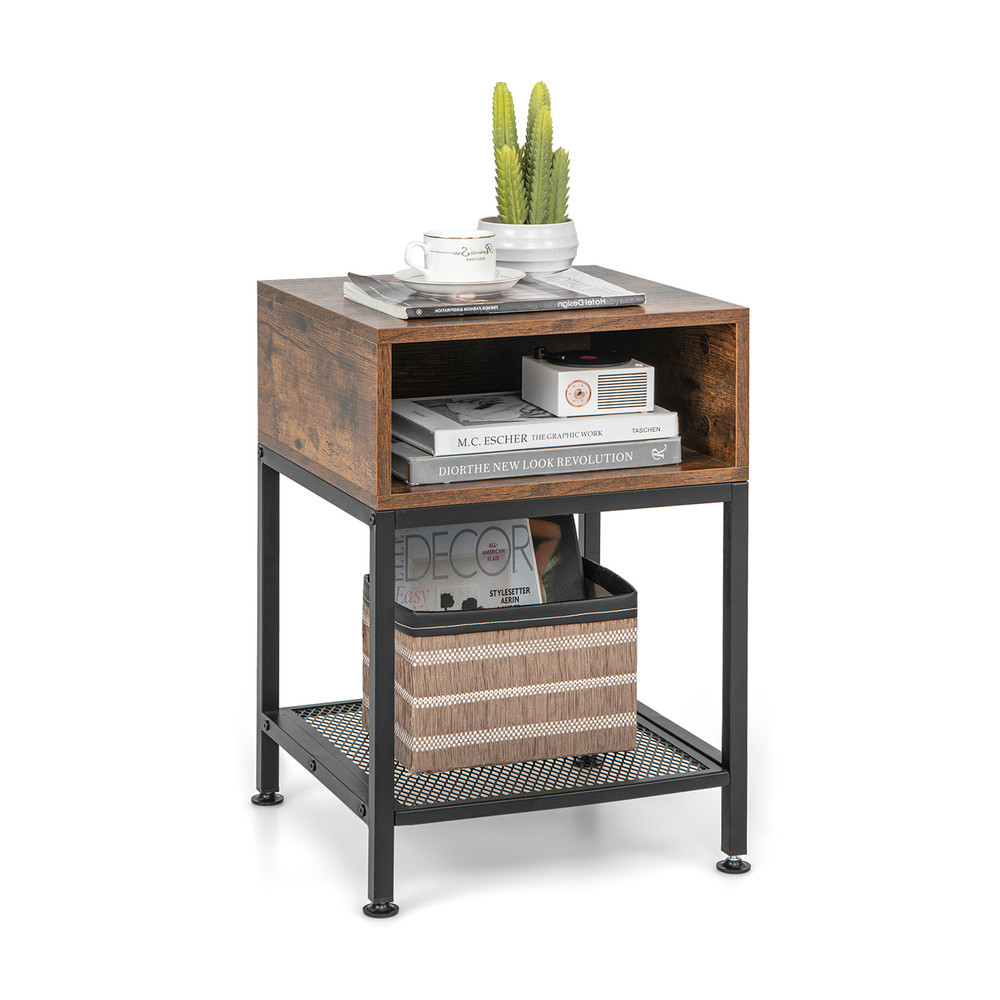 Industrial Nightstand End Side Table with Mesh Shelf Rustic Brown & Black Storage Table