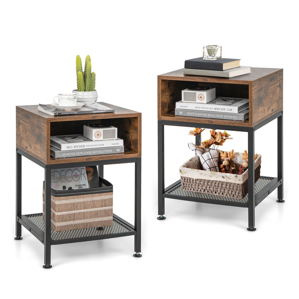 Industrial Nightstand End Side Table with Mesh Shelf Rustic Brown & Black Storage Table
