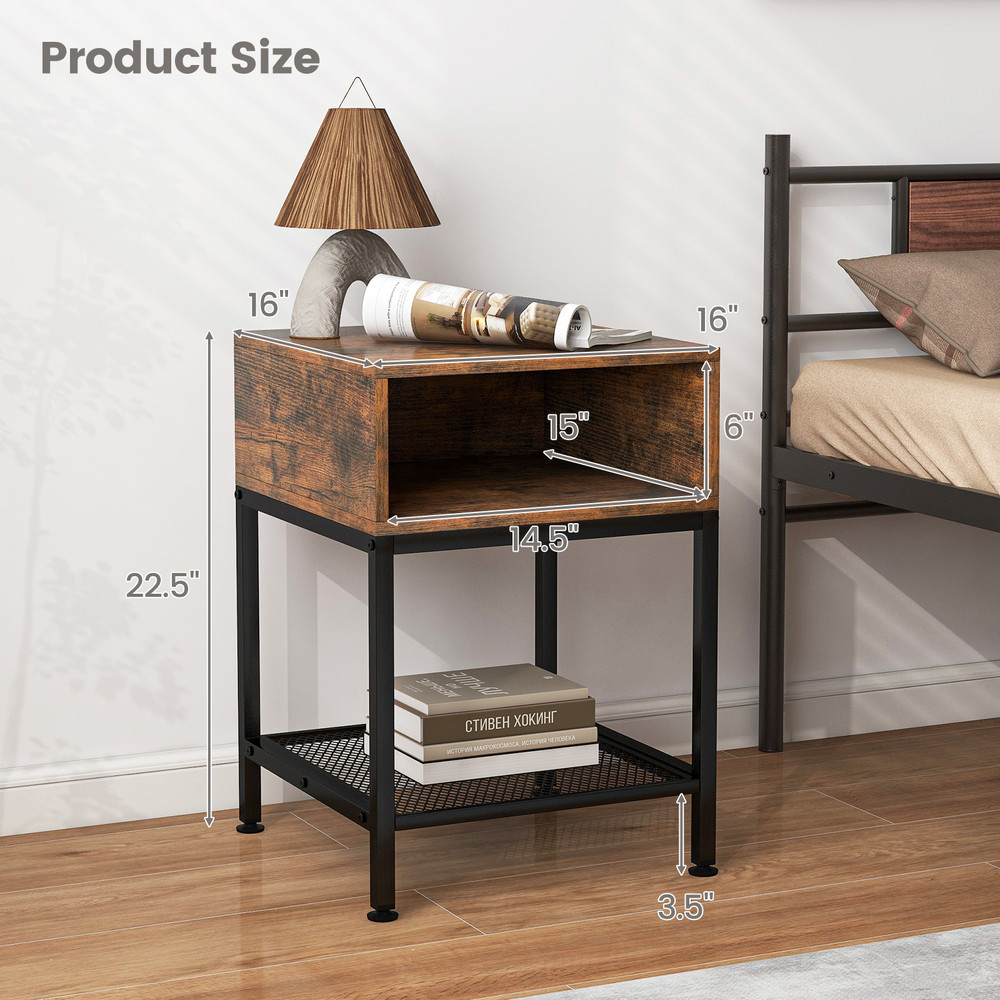 Industrial Nightstand End Side Table with Mesh Shelf Rustic Brown & Black Storage Table