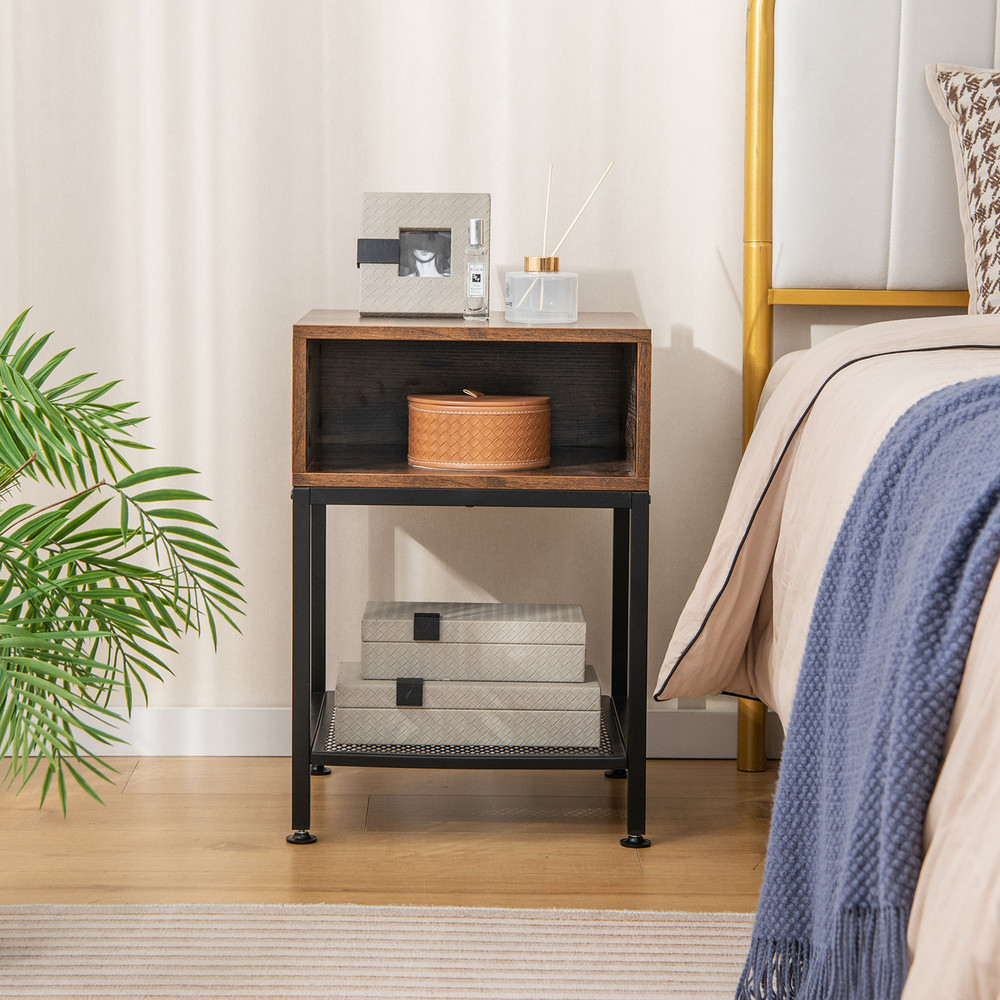 Industrial Nightstand End Side Table with Mesh Shelf Rustic Brown & Black Storage Table