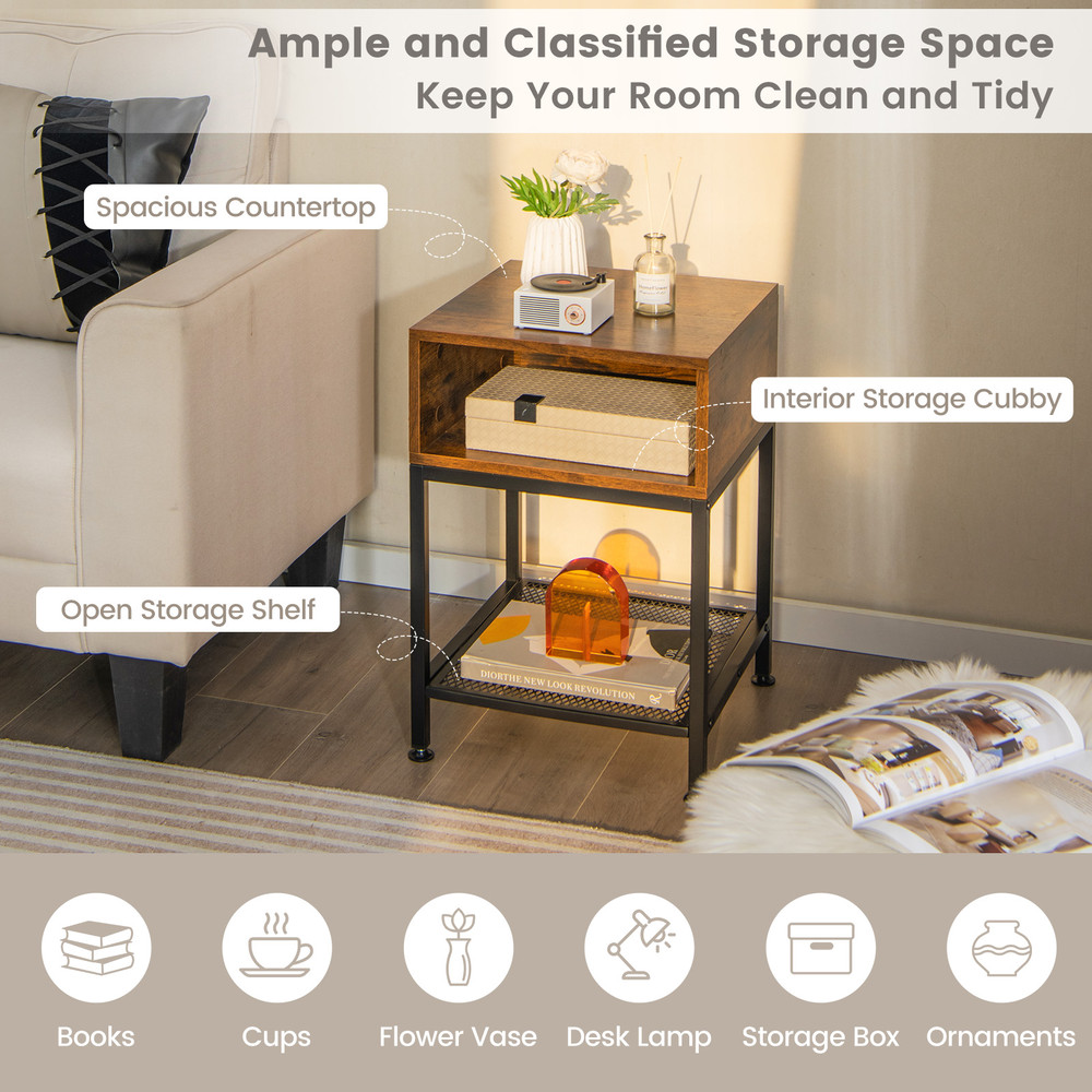 Industrial Nightstand End Side Table with Mesh Shelf Rustic Brown & Black Storage Table