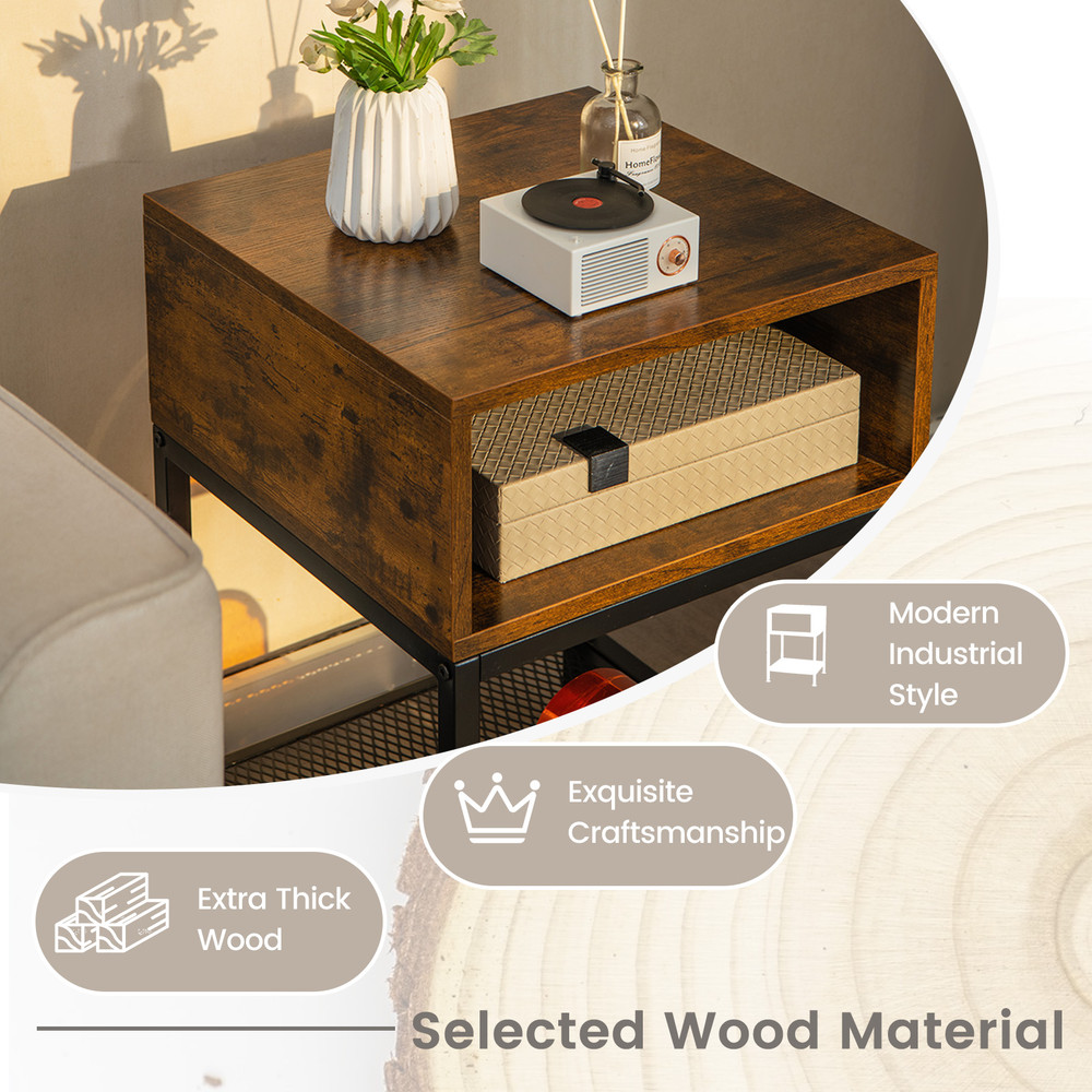 Industrial Nightstand End Side Table with Mesh Shelf Rustic Brown & Black Storage Table