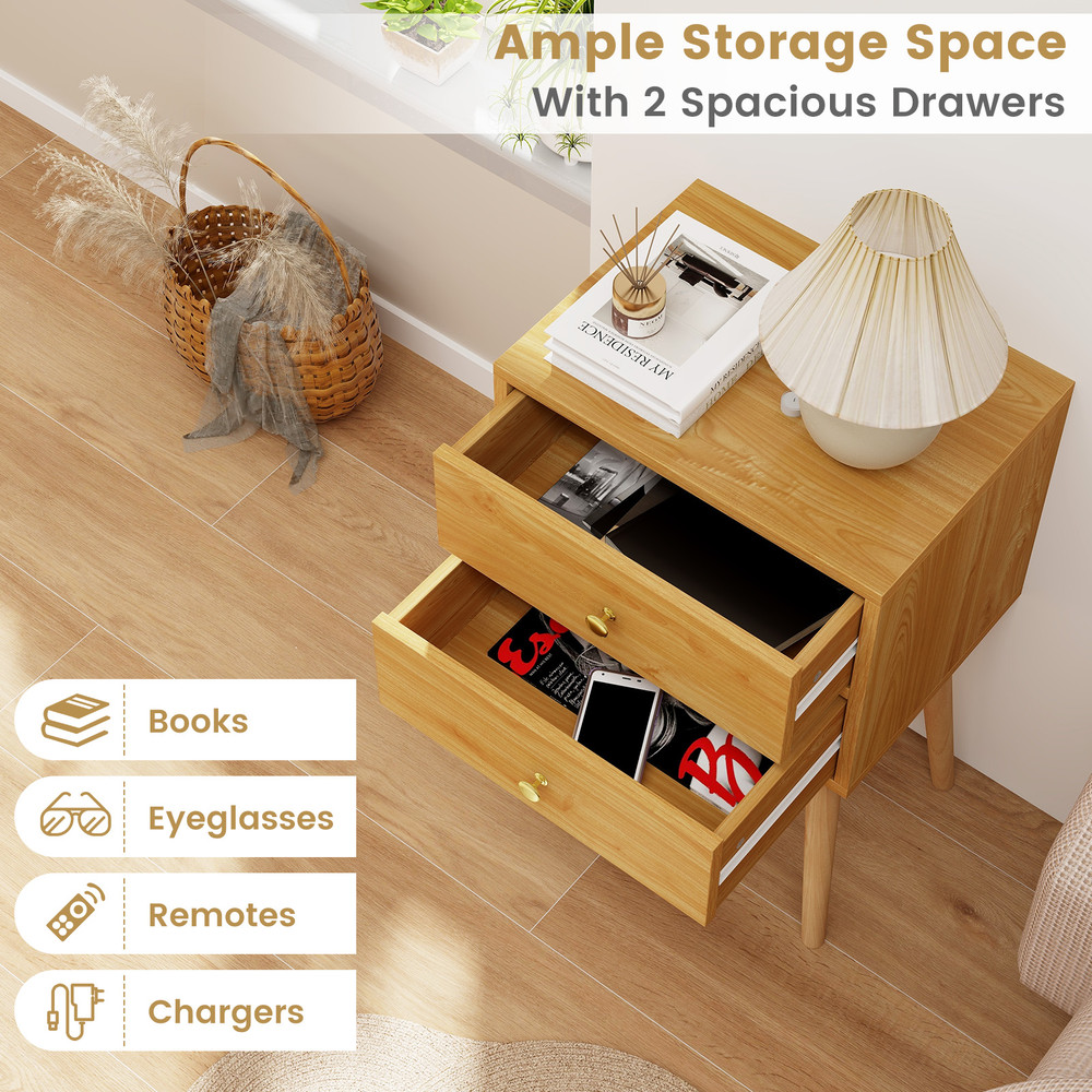 Mid Century Modern Nightstand 2-Drawer Bedside Table for Stylish Bedroom Decor