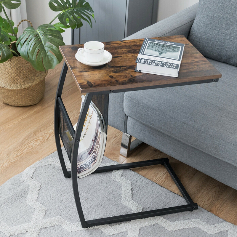 Vintage C-Shaped End Table with Side Pocket Unique Furniture for Living Room Decor