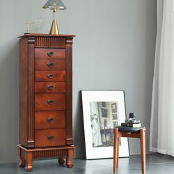 wooden jewelry armoire cabinet storage chest with drawers and swing doors free standing mirror & 7 drawers
